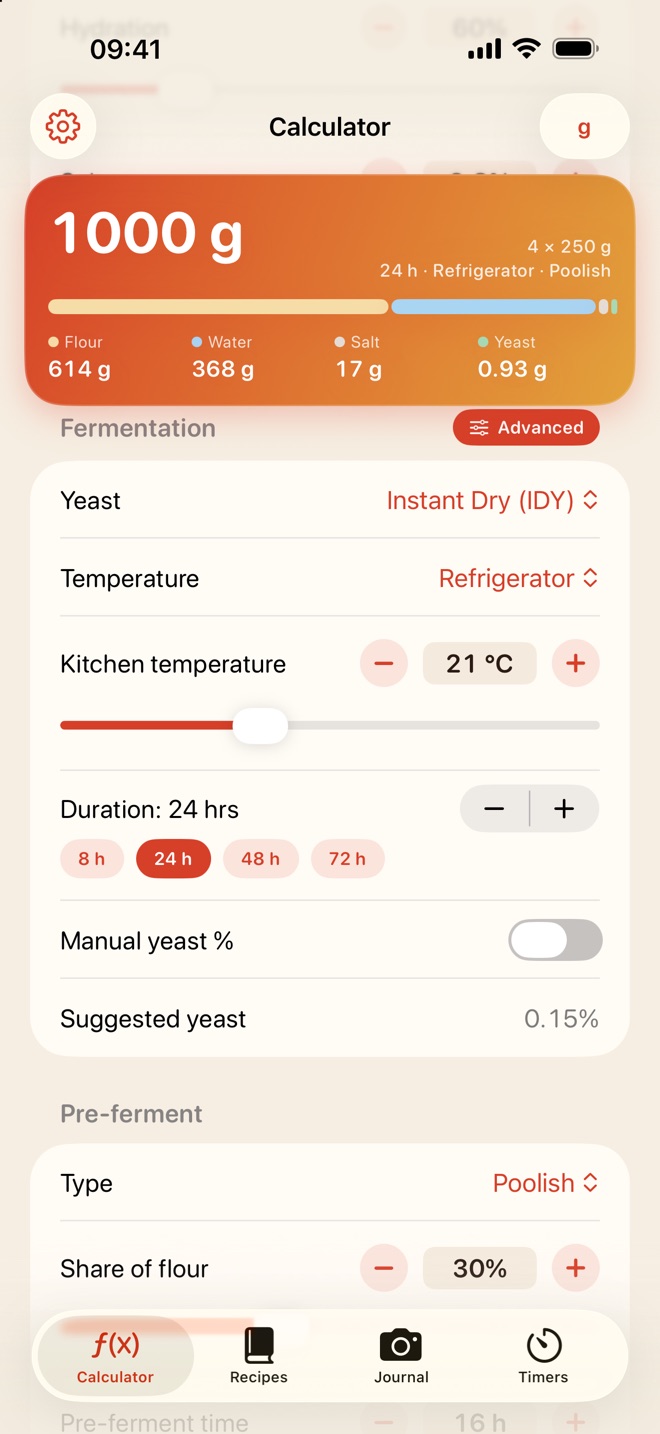 Dough calculator with the Advanced options, kitchen temperature and a poolish