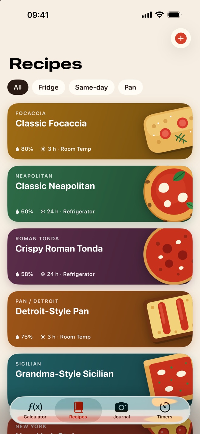 Recipe library with illustrated pizza styles