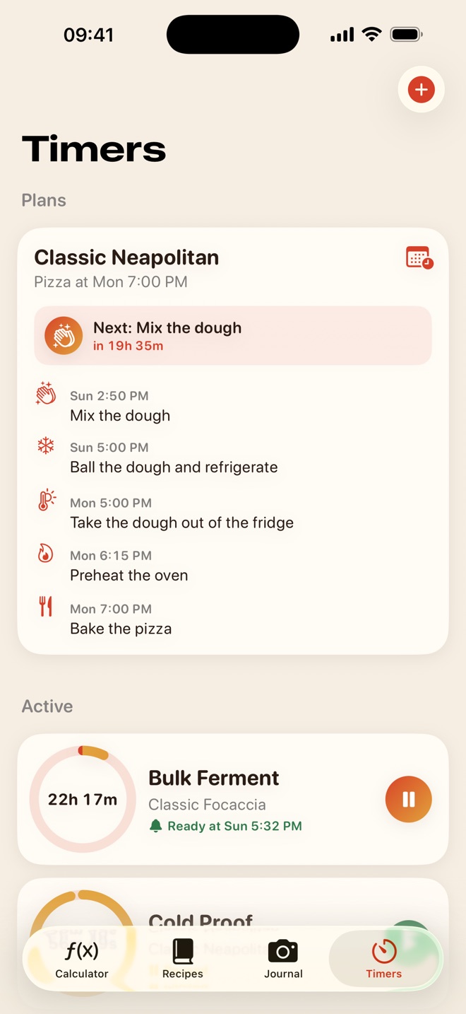Bake plan with the next step and fermentation timers